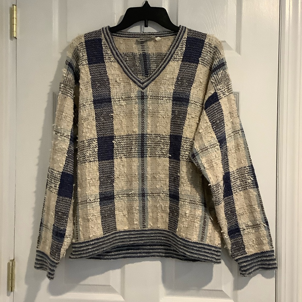 MONDO Vintage Men’s Made In Italy Italian Linen Blend Blue/Ivory Plaid Sweater M